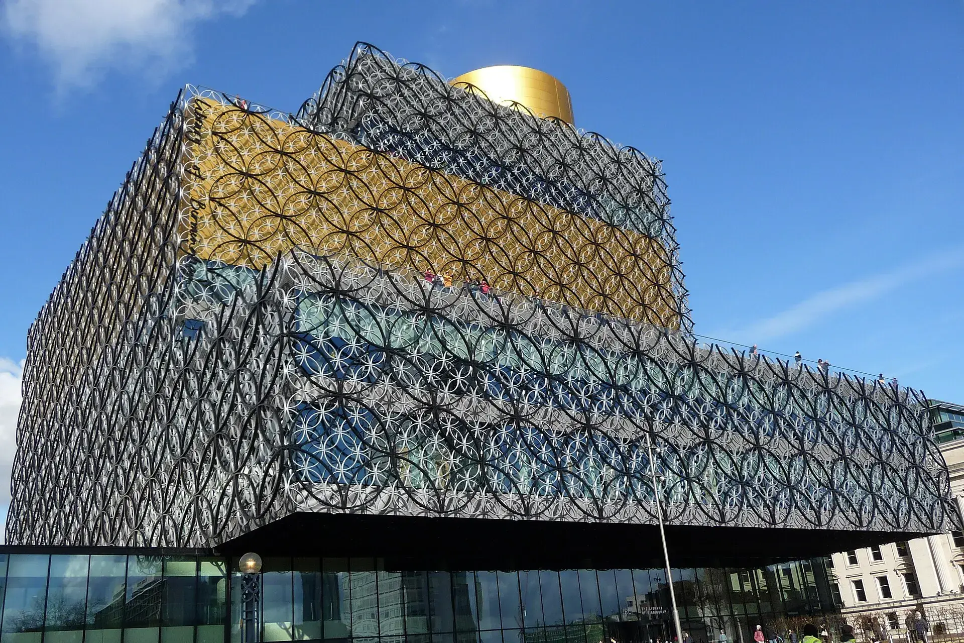 The Library of Birmingham's patterned facade against a blue sky