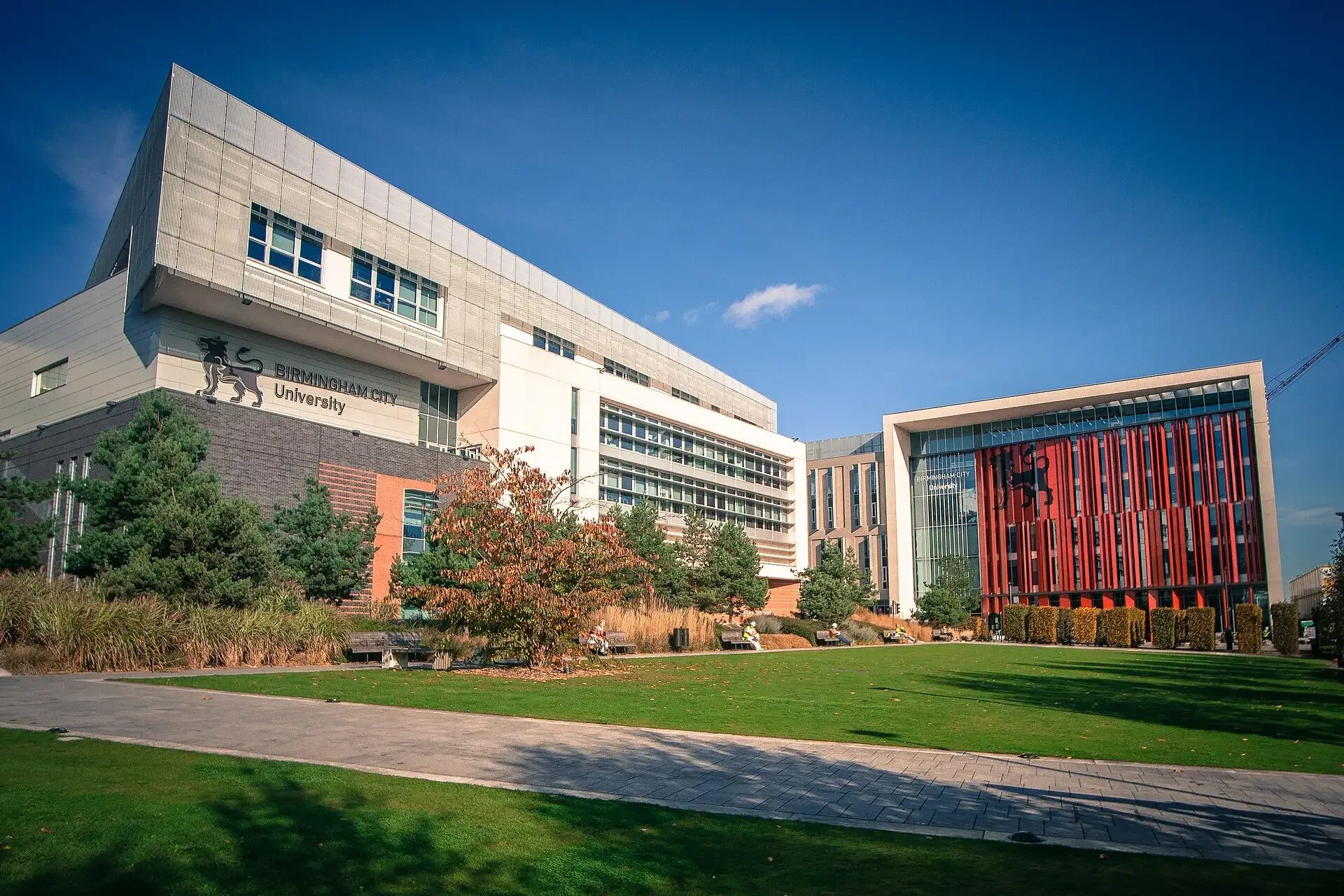 Birmingham City University's Parkside and Curzon buildings beside Eastside City Park