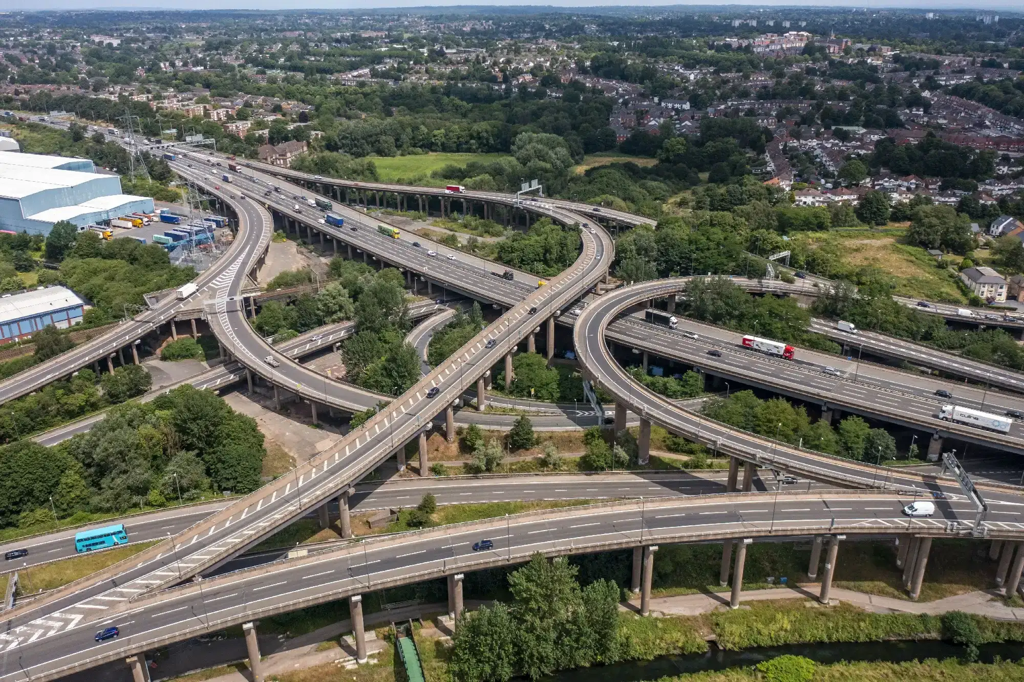 Aerial view of the road bridges and flyovers of Spaghetti Junction in Birmingham