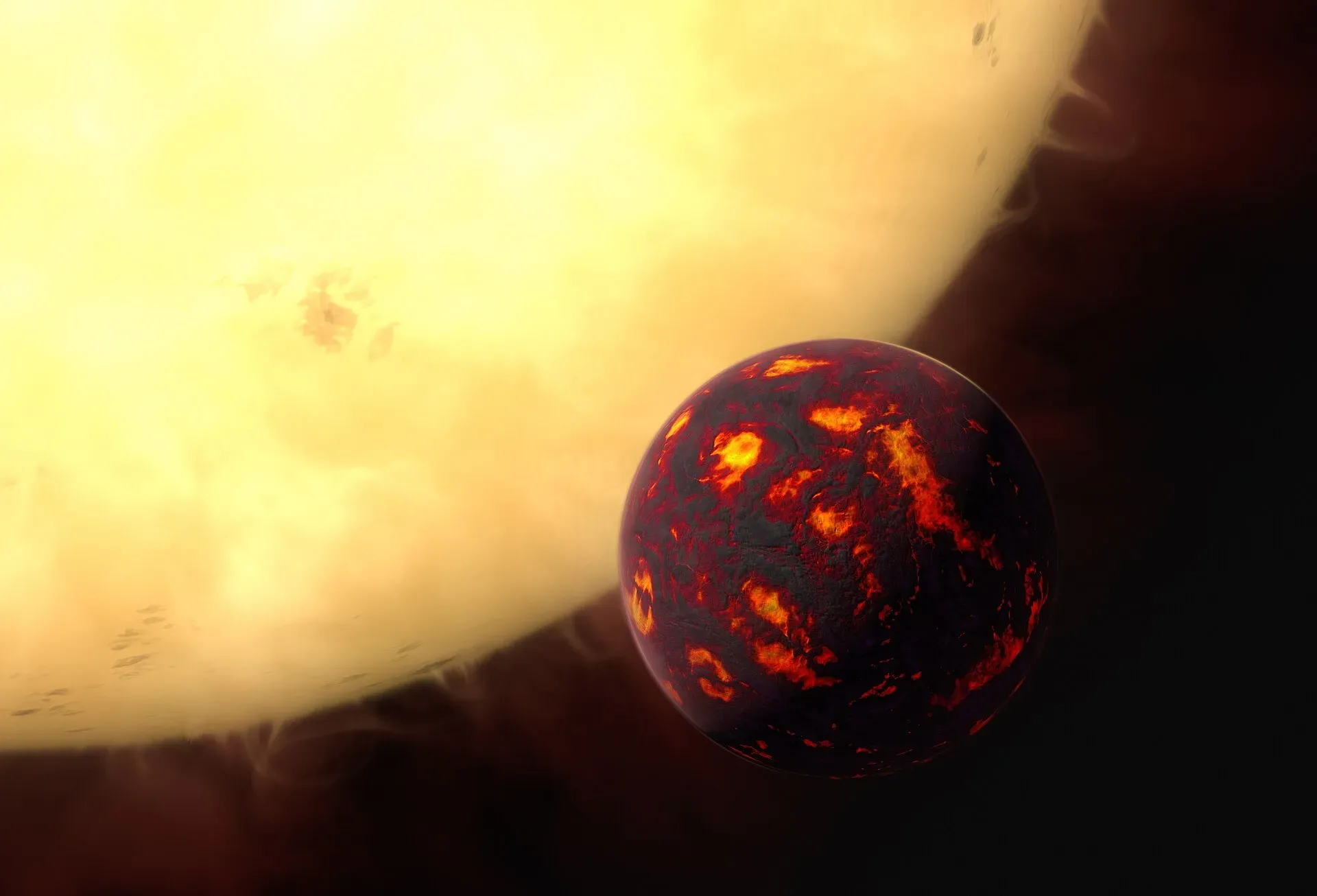 Artist's impression of a glowing lava planet, 55 Cancri e, in front of its star