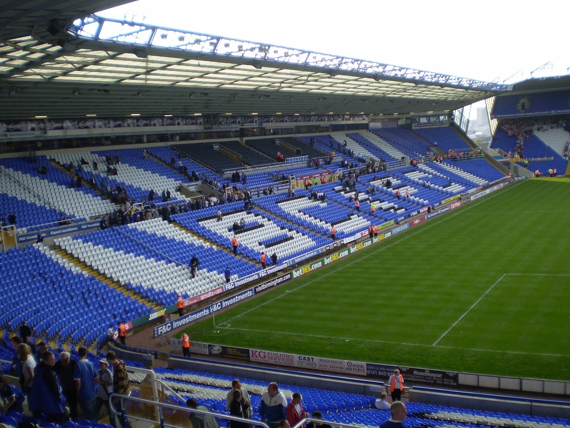 The blue and white seats of the Main Stand at St Andrew's, Birmingham City's ground