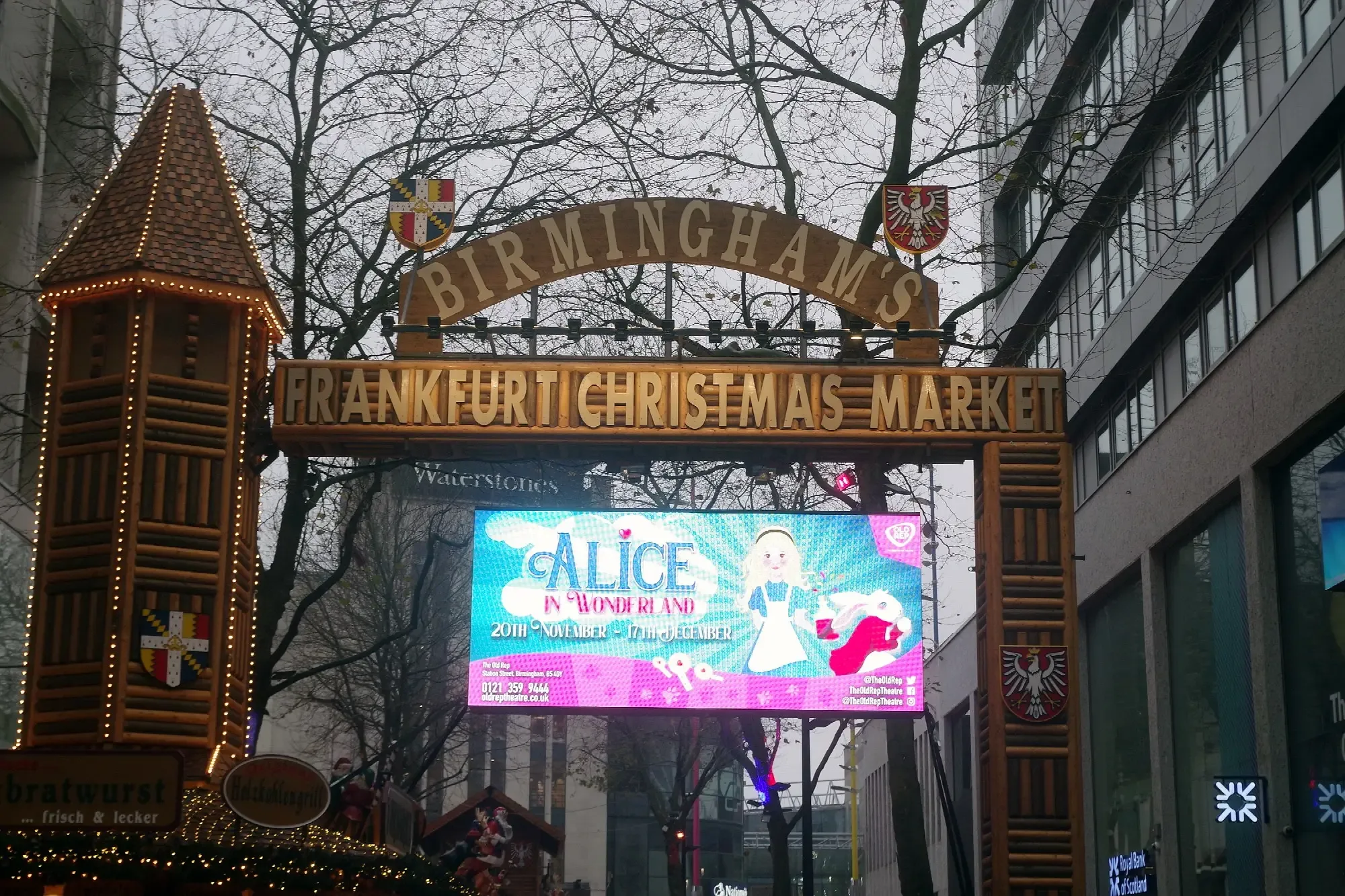 Wooden stalls and crowds at Birmingham's Frankfurt Christmas Market