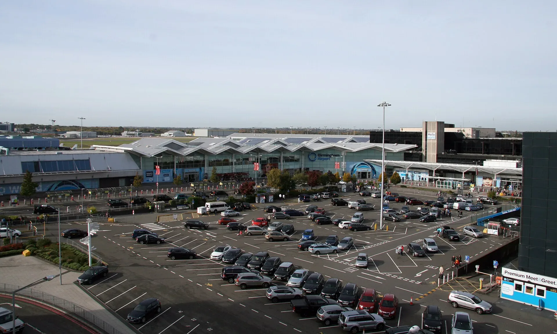 Birmingham Airport terminal buildings and car parks seen from above