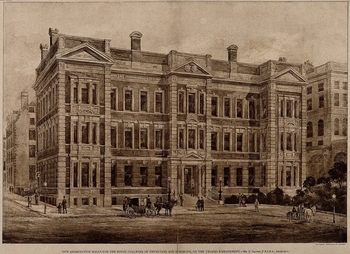 A historic lithograph of the examination hall of the royal colleges at Savoy Place, London