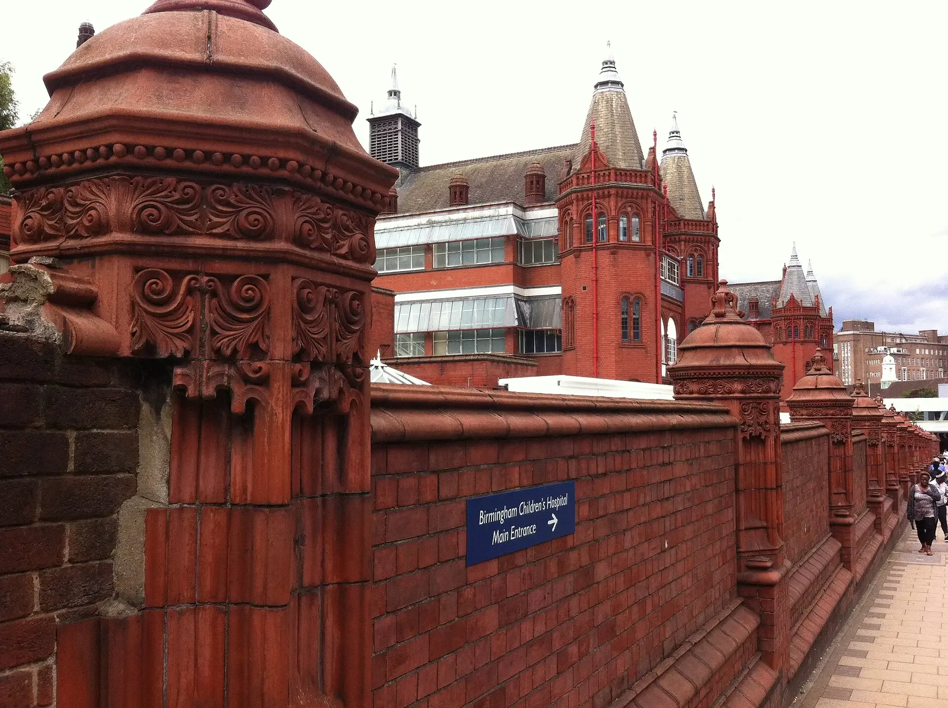 The red terracotta buildings of Birmingham Children's Hospital on Steelhouse Lane