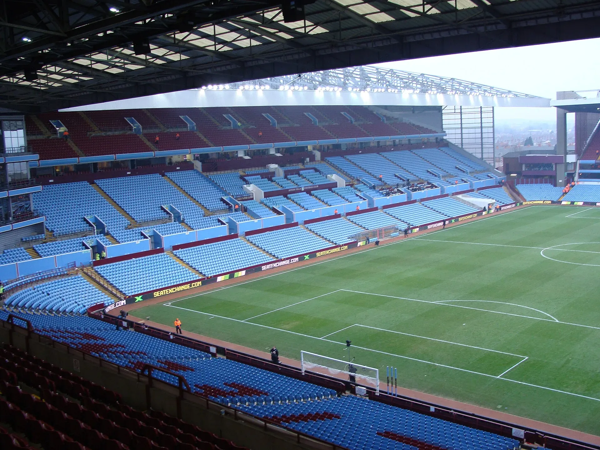 The claret and blue seats of the Trinity Road Stand at Villa Park