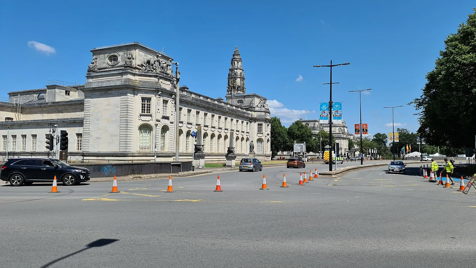 Cardiff's law courts and City Hall on a sunny day