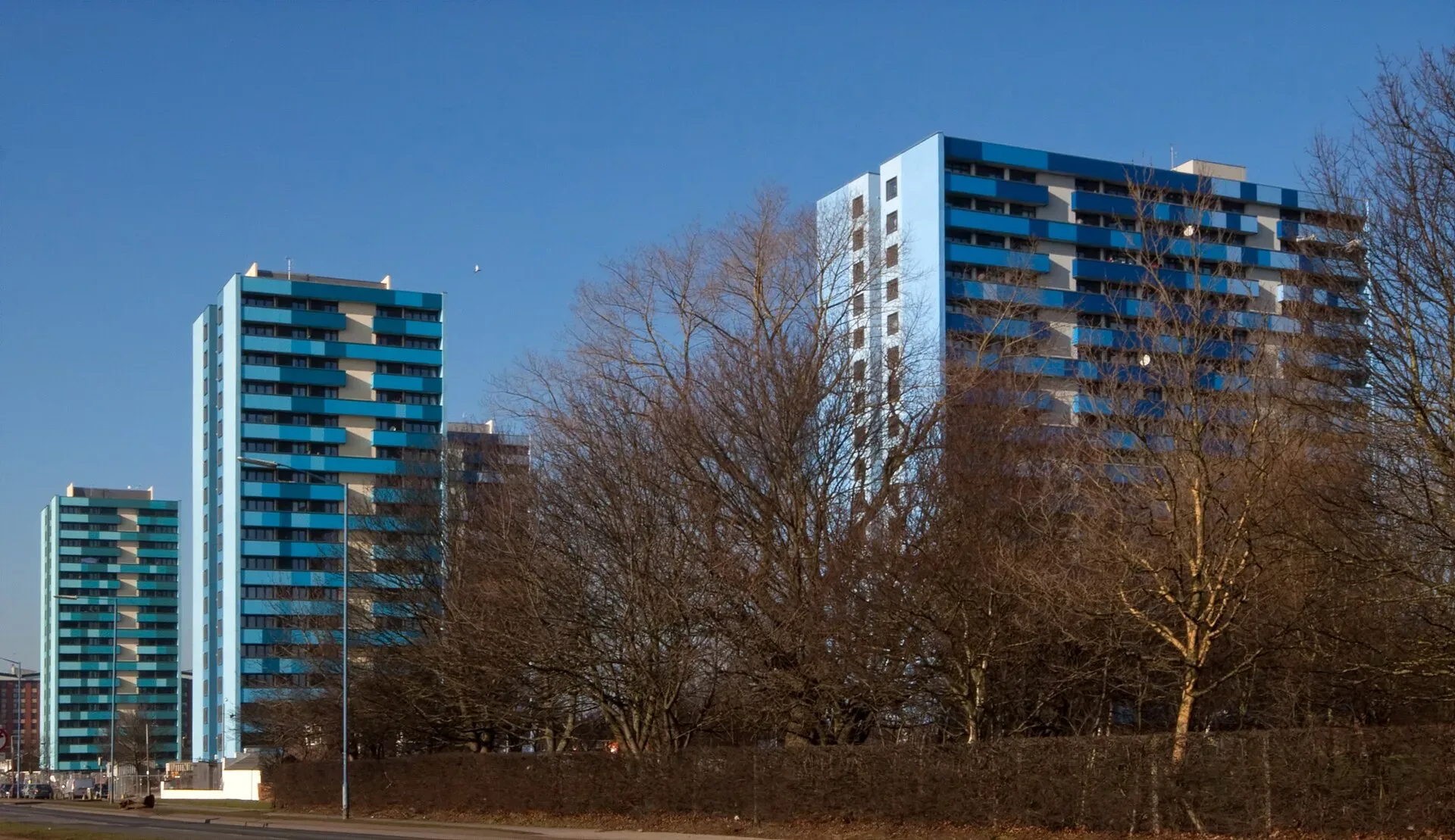 High-rise apartment blocks with blue cladding on the Kenrick Park estate, West Bromwich