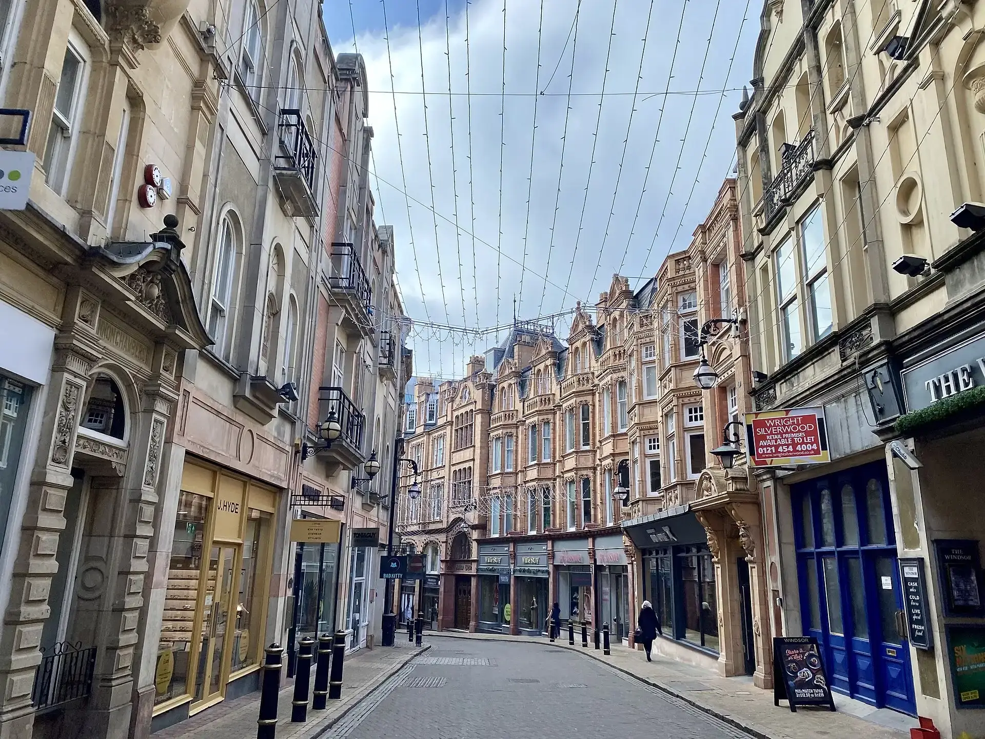 Victorian buildings lining Cannon Street in Birmingham city centre