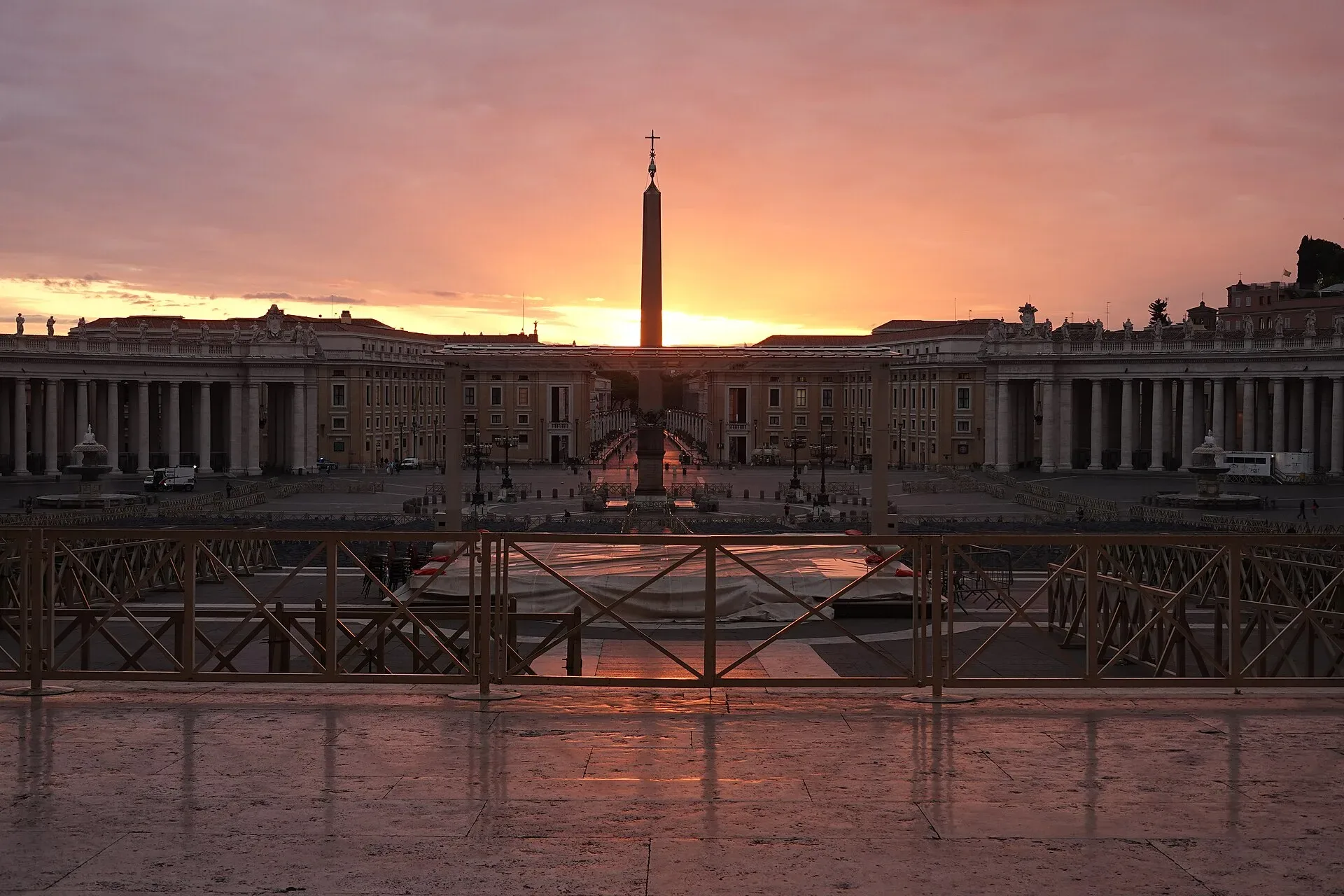 St Peter's Square and its obelisk at sunrise in the Vatican